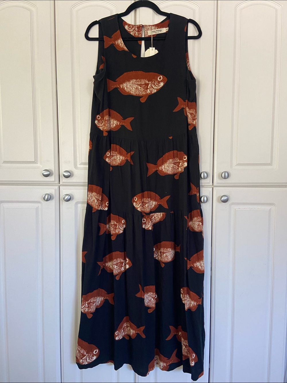 NWT Nice Things from Spain Black Maxi Linen Dress with Rust Fish Print